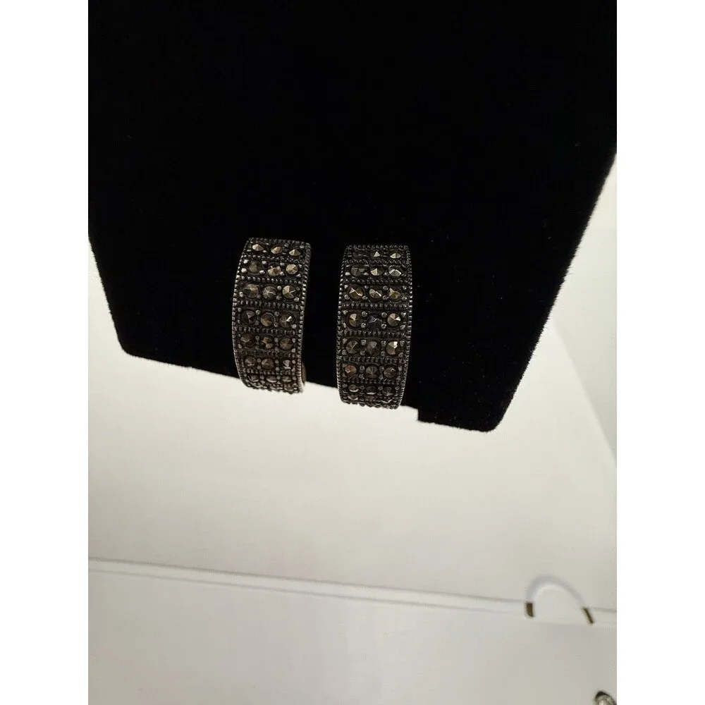 Vintage‎ Signed CFJ Sterling Silver .925 Marcasite Pierced Earrings Thailand
